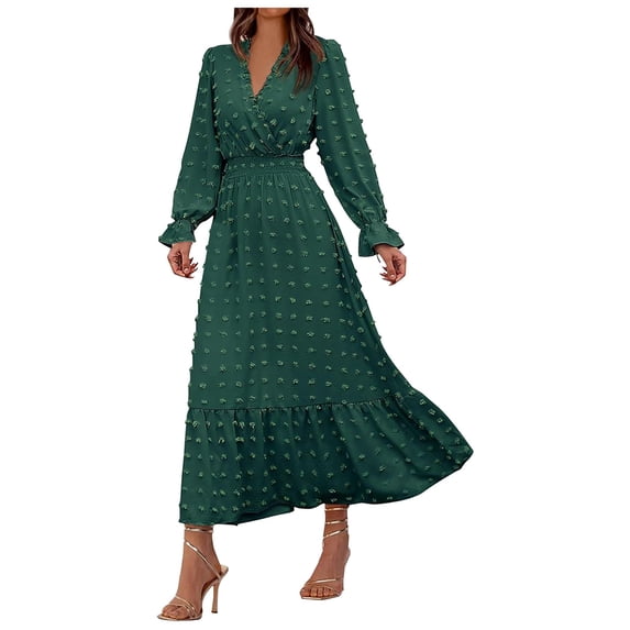 felwors Women Fall Maxi Dresses 2025 Long Sleeve V Neck Swiss Dots High Waisted A-Line Ruffle Boho Long Dress Vacation Green, XL