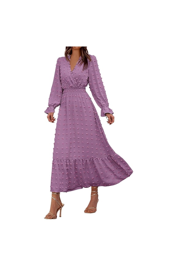 Women Fall Maxi Dresses 2025 Long Sleeve V Neck Swiss Dots High Waisted A-Line Ruffle Boho Long Dress Vacation Purple, XL