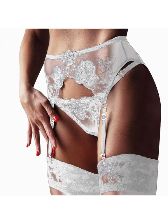 Women Floral Lace Garter Belt for Thigh Highs Stockings Suspender with 4-Strap Metal Clips Garters Lingerie (No Socks) (White, XXXXXL)