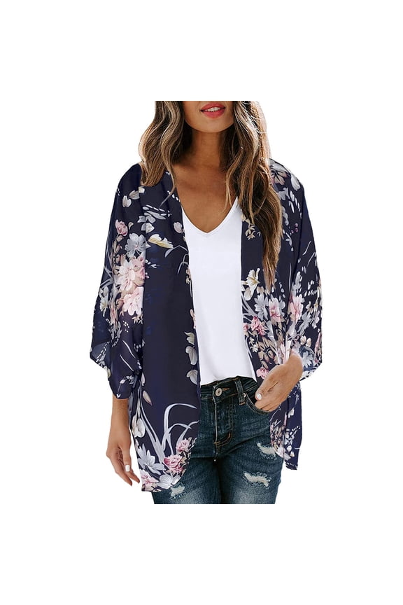 Women Floral Print Lightweight Chiffon Kimono Cardigan Short Sleeve Loose Beach Wear Cover Up Blouse Top Navy, XXL