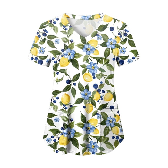 felwors Women Floral Print V Neck Short Sleeve Stretch Scrub Tops, Multi Pocket Nurse Uniform Functional Medical Workwear Dark Blue XXXL