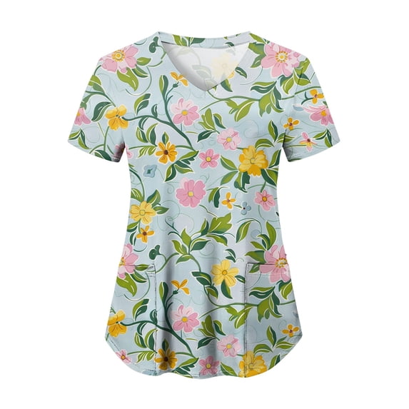 felwors Women Floral Print V Neck Short Sleeve Stretch Scrub Tops, Multi Pocket Nurse Uniform Functional Medical Workwear Sky Blue XL