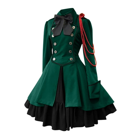 felwors Women Girls Gothic Lolita Dress Long Sleeve Multi Layers Classic Steampunk Dress Vintage Cosplay Renaissance Costumes Green, XXL