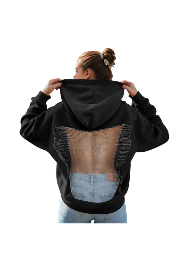 Women Hoodie Sweatshirt Sexy Backless Fishnet Hoodie Sequin See Fishnet Mesh Pullover with Pocket (Black, XL)