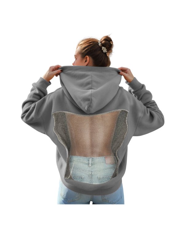 Women Hoodie Sweatshirt Sexy Backless Fishnet Hoodie Sequin See Fishnet Mesh Pullover with Pocket (Grey, L)