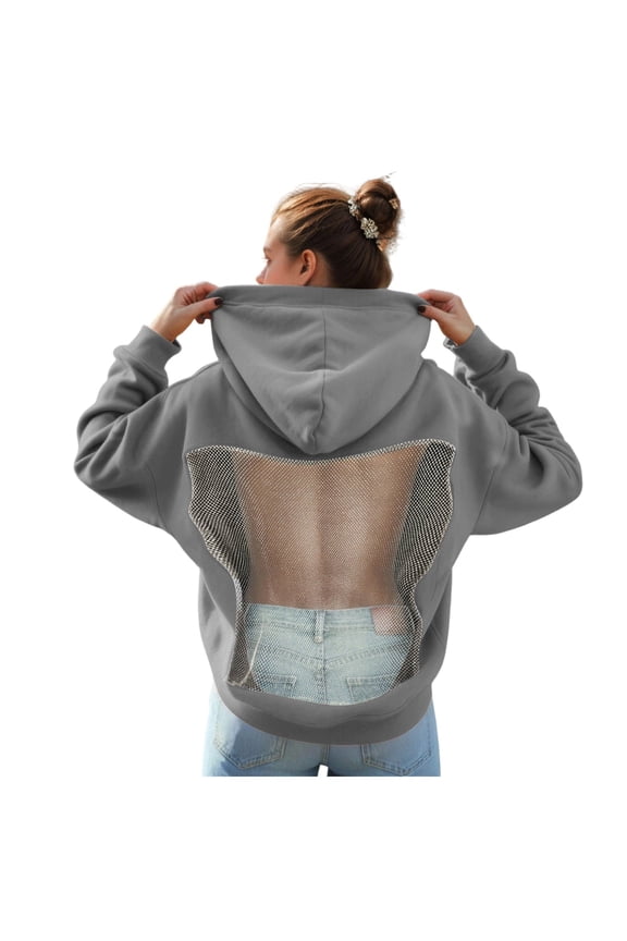 Women Hoodie Sweatshirt Sexy Backless Fishnet Hoodie Sequin See Fishnet Mesh Pullover with Pocket (Grey, L)