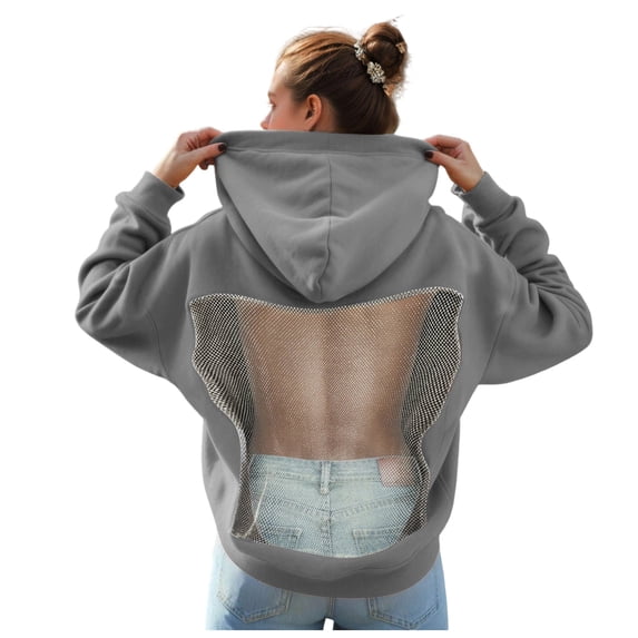 felwors Women Hoodie Sweatshirt Sexy Backless Fishnet Hoodie Sequin See Fishnet Mesh Pullover with Pocket (Grey, M)