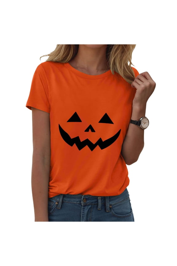 Women Jack O Lantern Face Tshirt Halloween Classic Pumpkin Graphic Short Sleeve Black Tee Spooky Season Party Costume Tops for Women Orange for Size M