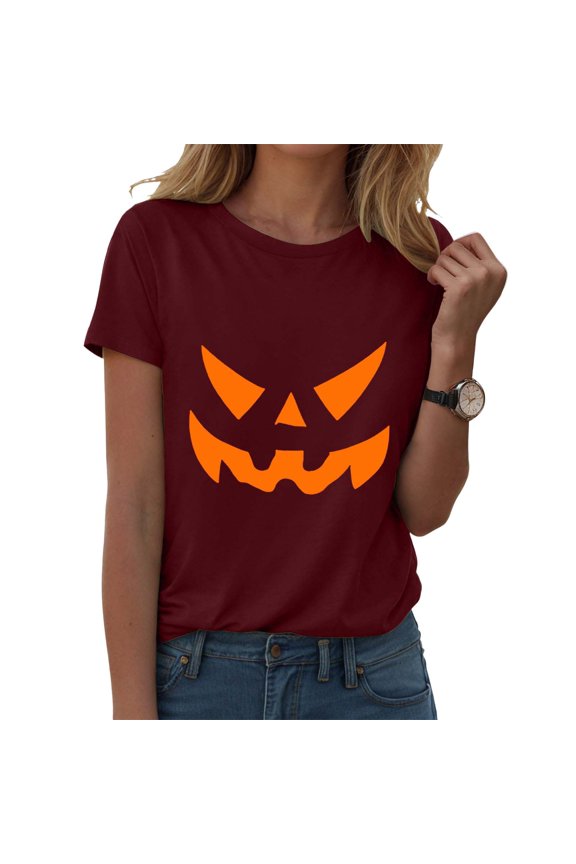 Women Jack O Lantern Pumpkin Face Tshirt Halloween Classic Carved Pumpkin Graphic Short Sleeve Burgundy Red Tee Spooky Season Party Tops for Women Wine for Size M