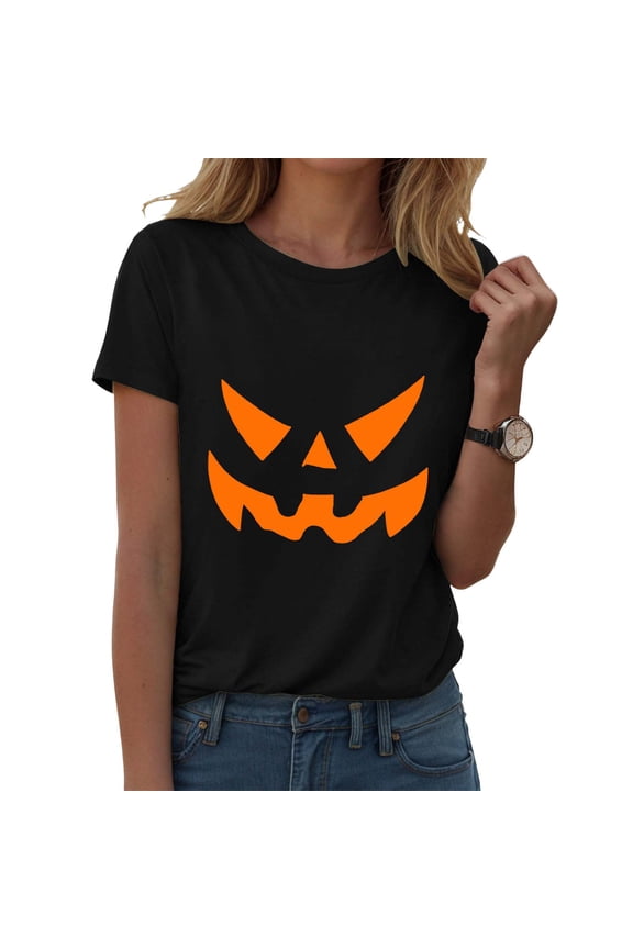 Women Jack O Lantern Pumpkin Face Tshirt Halloween Classic Carved Pumpkin Graphic Short Sleeve Burgundy Red Tee Spooky Season Party Tops for Women Black for Size S