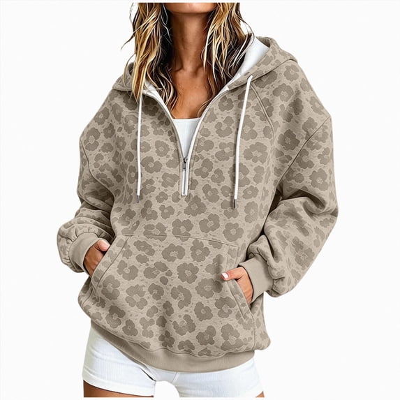 felwors Women Leopard Print Hoodie Half Zip Up Fleece Oversized Y2K Camo Sweatshirt Clothes Winter Outfits Beige for Size XL