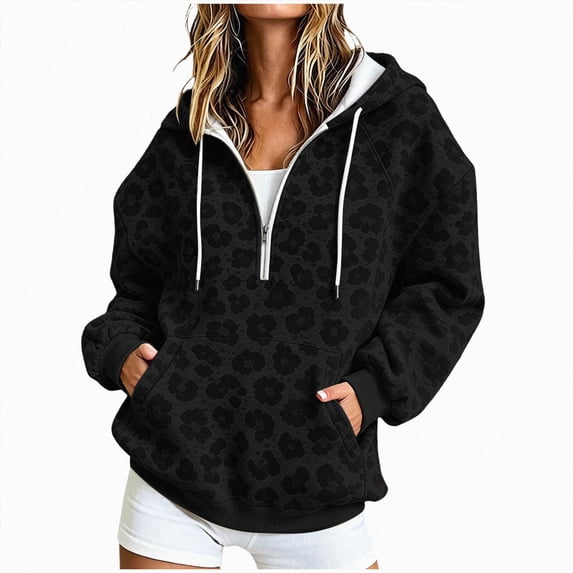 felwors Women Leopard Print Hoodie Half Zip Up Fleece Oversized Y2K Camo Sweatshirt Clothes Winter Outfits Black for Size S