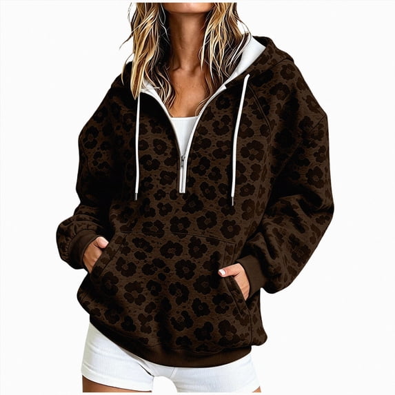 felwors Women Leopard Print Hoodie Half Zip Up Fleece Oversized Y2K Camo Sweatshirt Clothes Winter Outfits Brown for Size S