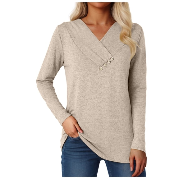 felwors Women Long Sleeve Tunic Tops for Leggings V Neck Button Loose T Shirts 2025 Fall Casual Blouse Sweatshirt Beige, XL