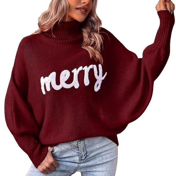 felwors Women Merry Sweaters Turtleneck Long Sleeve Letter Print Loose Knitted Pullover Merry Christmas Sweater , S
