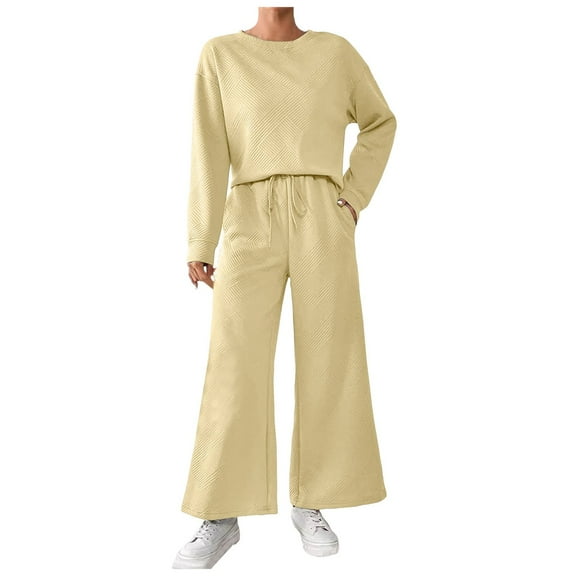 felwors Women Modal Fall 2 piece outfits Oversized Sweatshirt Wide Leg Pants Beige, M
