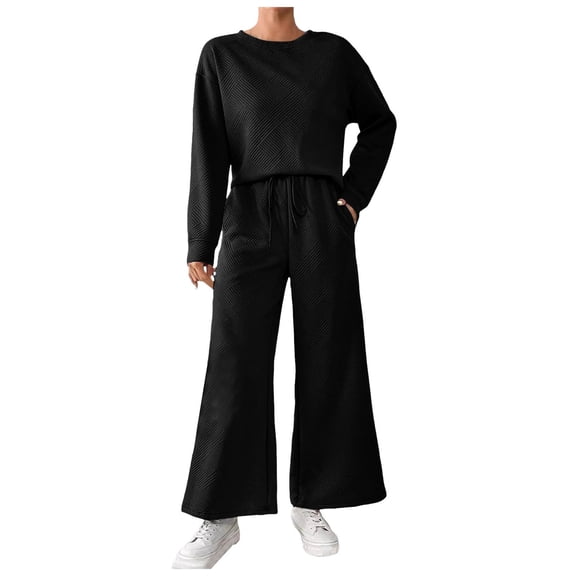 felwors Women Modal Fall 2 piece outfits Oversized Sweatshirt Wide Leg Pants Black, M