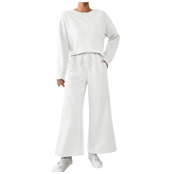 felwors Women Modal Fall 2 piece outfits Oversized Sweatshirt Wide Leg Pants White, S