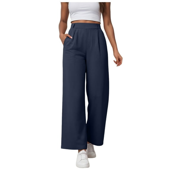 felwors Women Office Wide High Waist Pants Loose Fit Elastic Waist Pleated Front Trousers for Work Casual Dark Blue, L