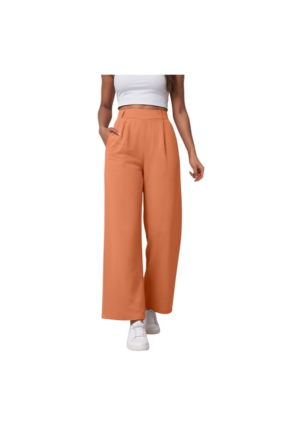 Women Office Wide High Waist Pants Loose Fit Elastic Waist Pleated Front Trousers for Work Casual Orange, L