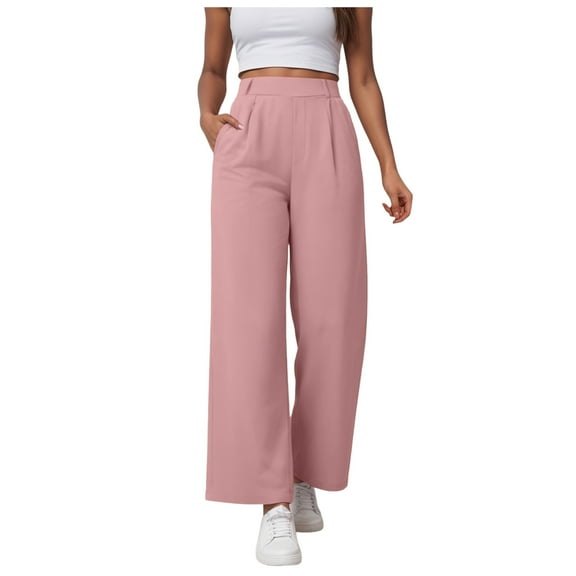felwors Women Office Wide High Waist Pants Loose Fit Elastic Waist Pleated Front Trousers for Work Casual Pink, L