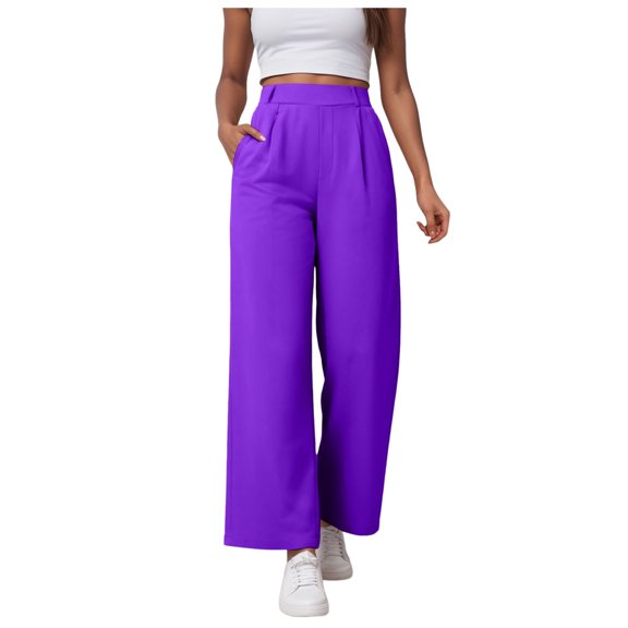 felwors Women Office Wide High Waist Pants Loose Fit Elastic Waist Pleated Front Trousers for Work Casual Purple, XS