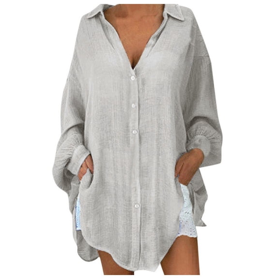 felwors Women Oversized Cotton Linen Shirts Long Sleeve Button Down Blouses Casual Loose Gauze Top Work Summer Beach Outfits Grey, M