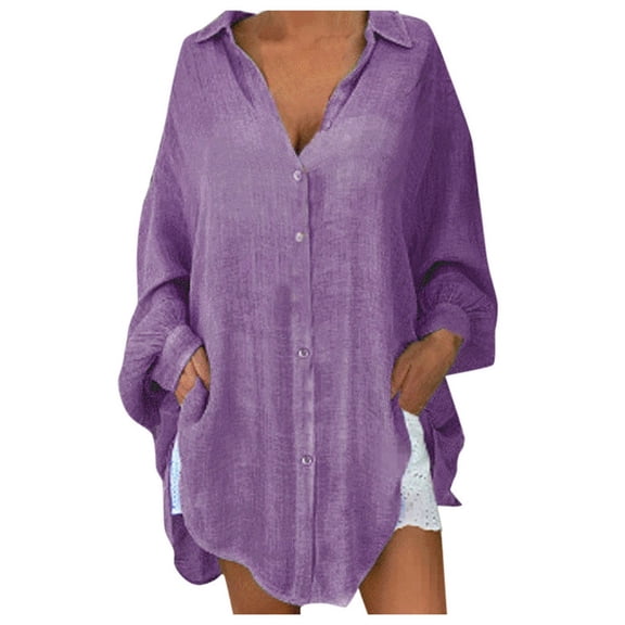 felwors Women Oversized Cotton Linen Shirts Long Sleeve Button Down Blouses Casual Loose Gauze Top Work Summer Beach Outfits Purple, XL