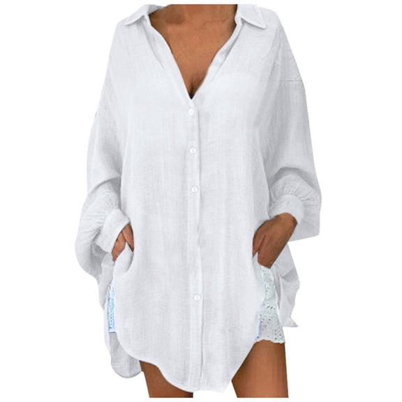 felwors Women Oversized Cotton Linen Shirts Long Sleeve Button Down Blouses Casual Loose Gauze Top Work Summer Beach Outfits White, XXXL