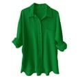 thumbnail image 1 of felwors Women Plus Size Button Down Shirts Long Roll Up Sleeve V Neck Collared Casual Blouses Oversized Shirt Tops Green, L, 1 of 5