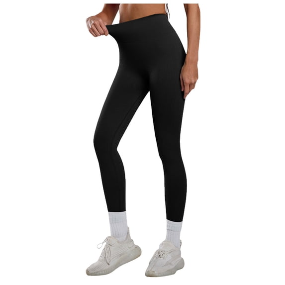 felwors Women Ribbed Seamless Leggings High Waisted Workout Gym Yoga Pants (Black, S)