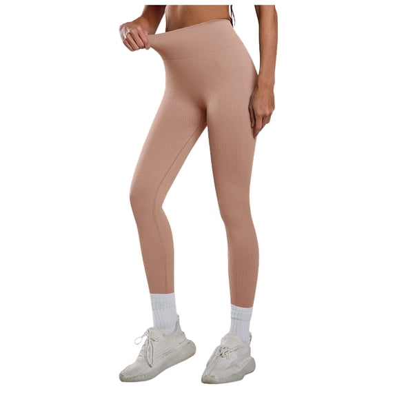 felwors Women Ribbed Seamless Leggings High Waisted Workout Gym Yoga Pants (Khaki, L)