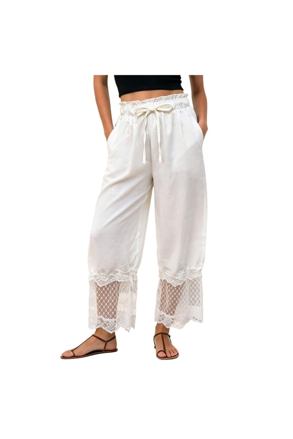 Women Ruffle Long Bloomer Mid Rise Lace Pettipants Pantaloons Patchwork Casual Loose Cropped Slips Pants Pajama White L