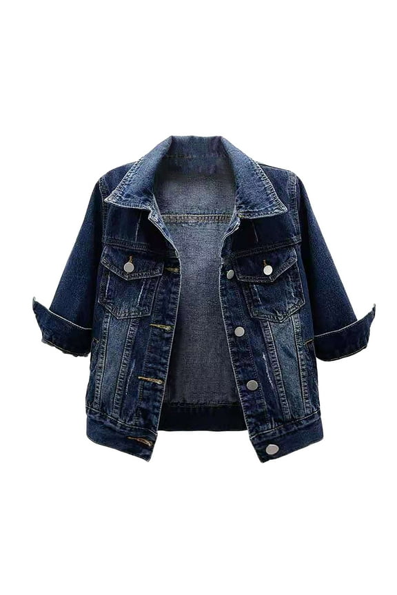 Denim Jacket for Women Button Down 3/4 Short Sleeve Cropped Jean Jackets with Pockets Casual Lightweight Shackets 2025 Blue, L