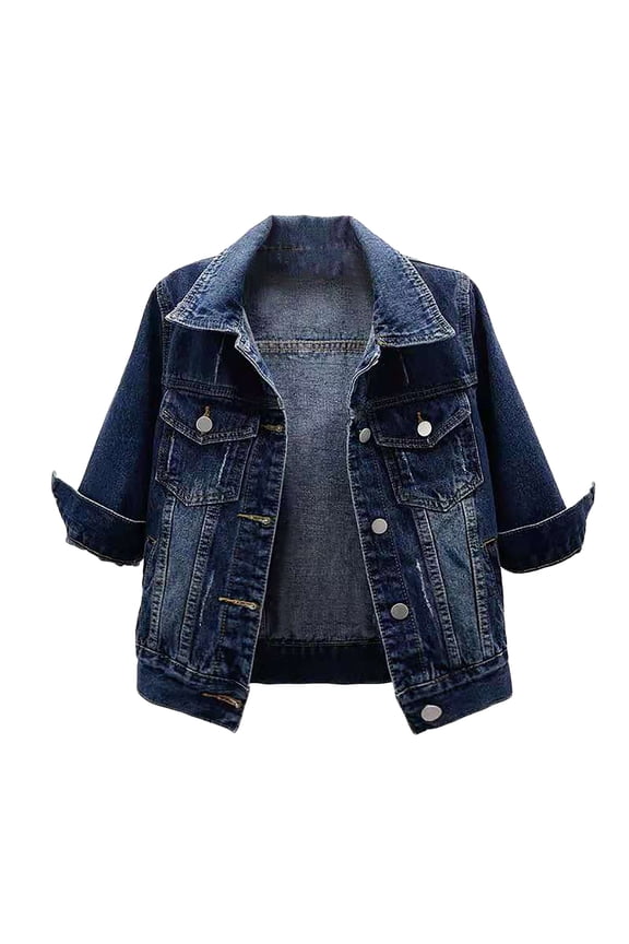 Denim Jacket for Women Button Down 3/4 Short Sleeve Cropped Jean Jackets with Pockets Casual Lightweight Shackets 2025 Blue, XXXL