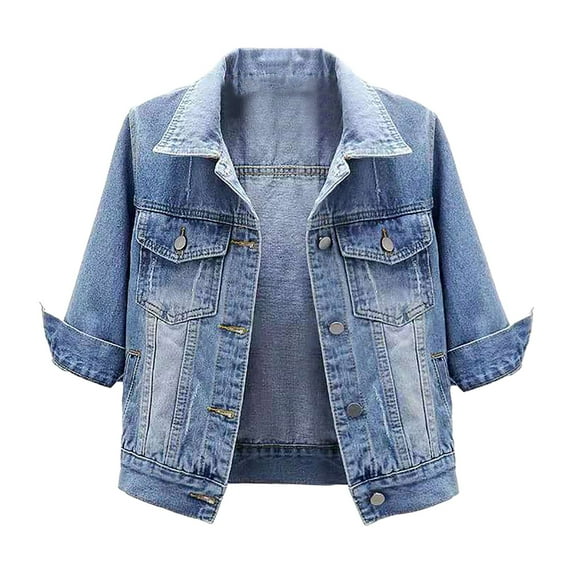 felwors Denim Jacket for Women Button Down 3/4 Short Sleeve Cropped Jean Jackets with Pockets Casual Lightweight Shackets 2025 Light Blue, XXL