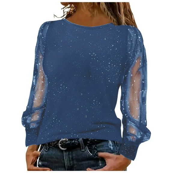 felwors Women Sequin Blouses Loose Sleeve Casual Mesh Tops Splice Sparkly Dressy Party Shiny Tunic Fall Shirts Blue, XL