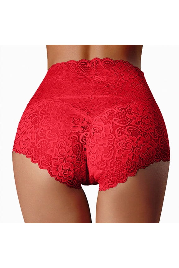 Women Sexy Lace Underwear High Waist Tummy Control Soft Breathable Panties Briefs (Red, L)