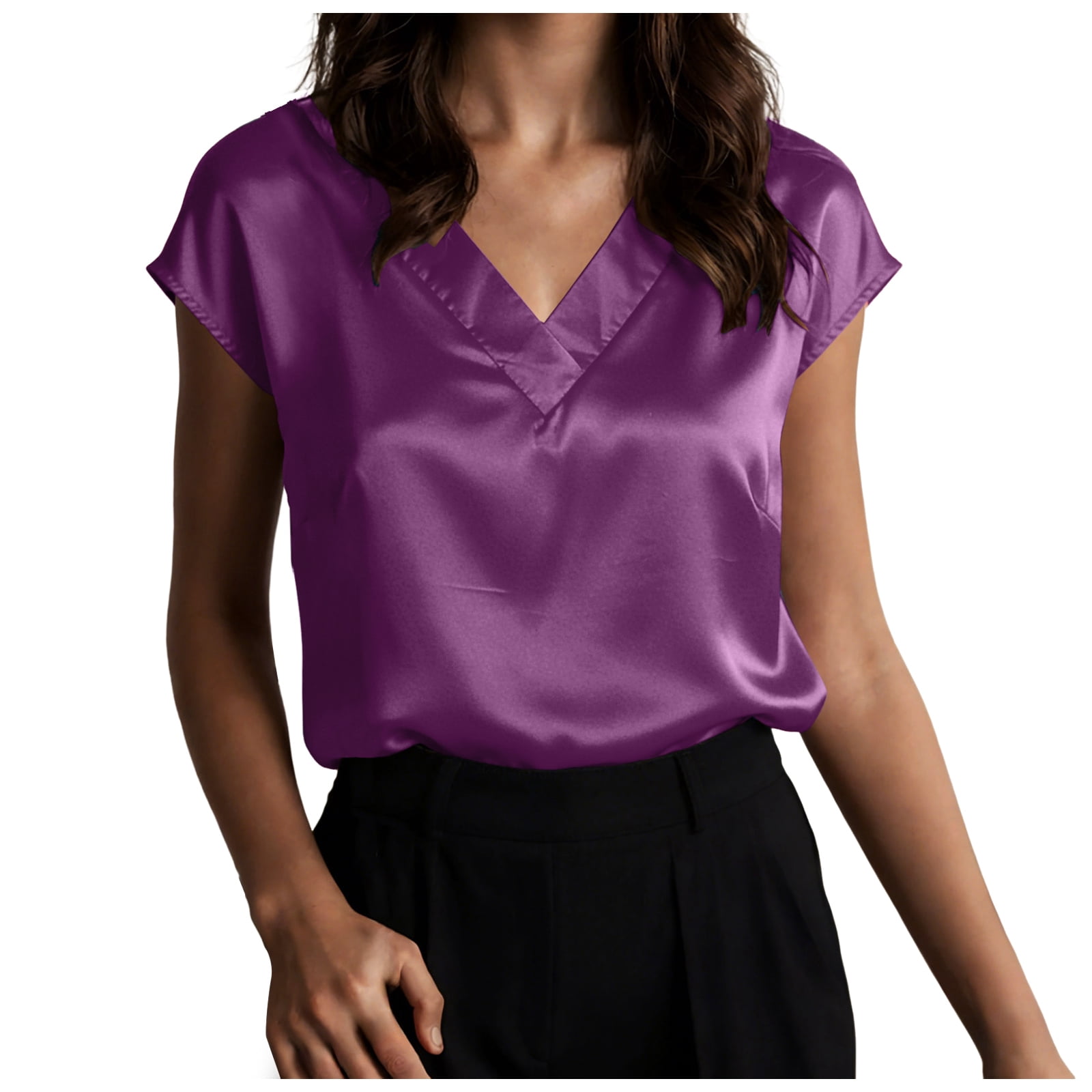 felwors Women Silk Satin Tops Cap Short Sleeve Blouse V Neck Shirts ...