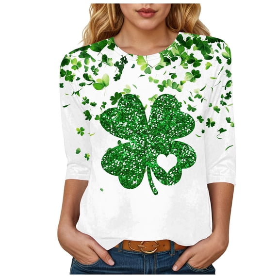 felwors Women St Patricks Day Shirt 3/4 Sleeve Tshirt Blouses Funny Shamrock Irish Shirts Tops Outfits Clothes (White, S)