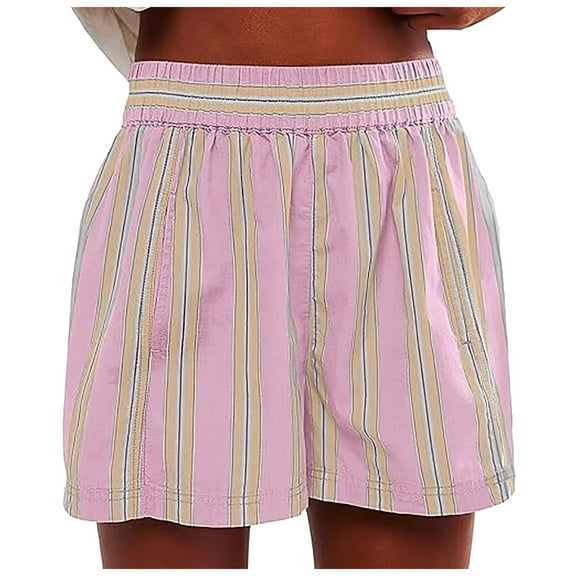 felwors Women Striped Boxer Shorts Elastic High Rise Pajama Bottoms Casual Lounge Shorts with Pockets Sleepwear Pink, M