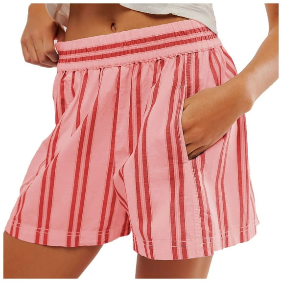 felwors Women Striped Boxer Shorts Elastic High Rise Pajama Bottoms Casual Lounge Shorts with Pockets Sleepwear Red, XL