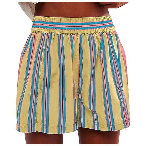 felwors Women Striped Boxer Shorts Elastic High Rise Pajama Bottoms Casual Lounge Shorts with Pockets Sleepwear Yellow, S