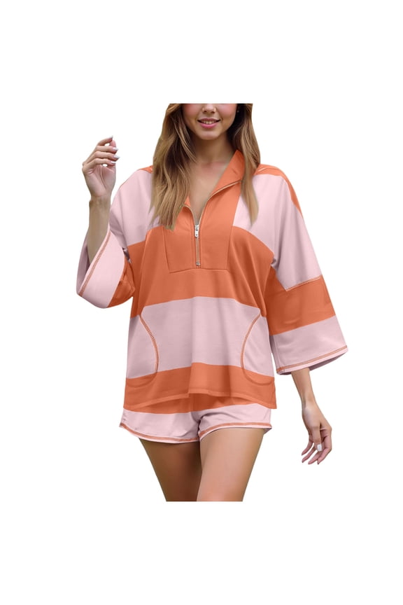 Women Striped Workout Set Two Piece Outfit Tracksuit Oversized Lounge Set Top and Shorts Sets with Pockets Brick Red, M