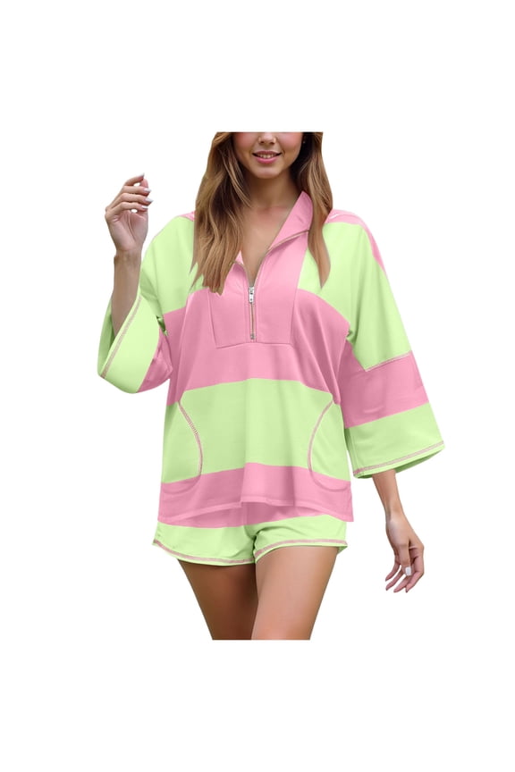 Women Striped Workout Set Two Piece Outfit Tracksuit Oversized Lounge Set Top and Shorts Sets with Pockets Light Green, XL