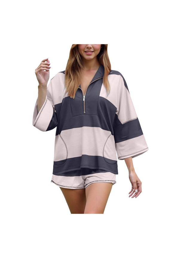 Women Striped Workout Set Two Piece Outfit Tracksuit Oversized Lounge Set Top and Shorts Sets with Pockets Navy, L