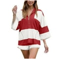 thumbnail image 1 of felwors Women Striped Workout Set Two Piece Outfit Tracksuit Oversized Lounge Set Top and Shorts Sets with Pockets Red, M, 1 of 7