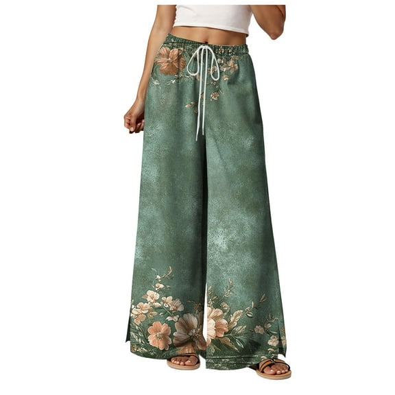 felwors Women Summer Boho Palazzo Pants High Waist Wide Leg Floral Casual Cotton Lounge Trousers with Pockets AG, L