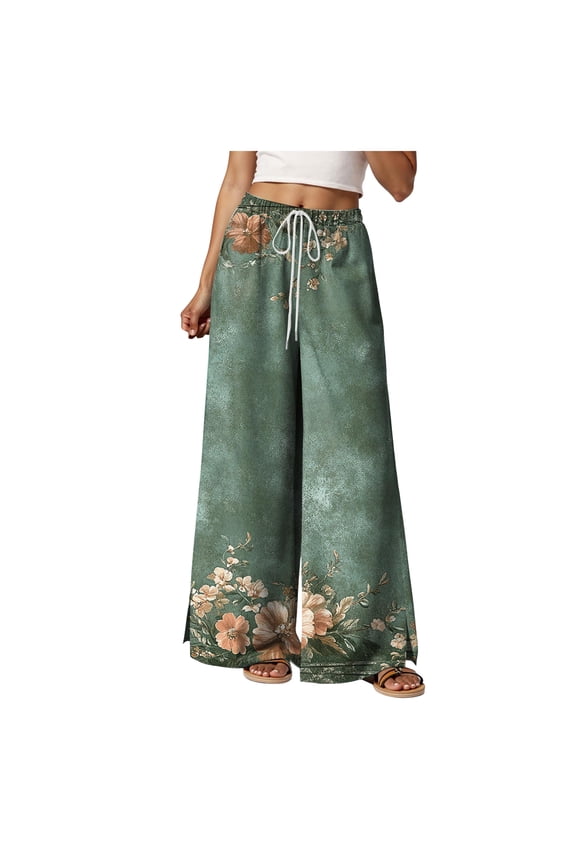 Women Summer Boho Palazzo Pants High Waist Wide Leg Floral Casual Cotton Lounge Trousers with Pockets AG, S