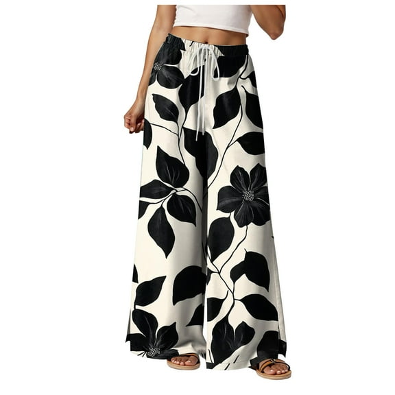 felwors Women Summer Boho Palazzo Pants High Waist Wide Leg Floral Casual Cotton Lounge Trousers with Pockets Beige, M